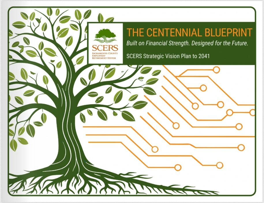 Graphic cover of The Centennial Blueprint, the SCERS strategic vision plan
